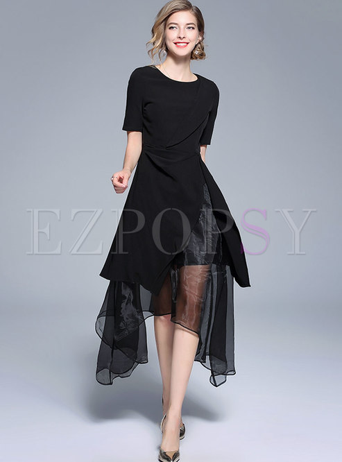 Black Splicing Asymmetric Hem Prom Dress