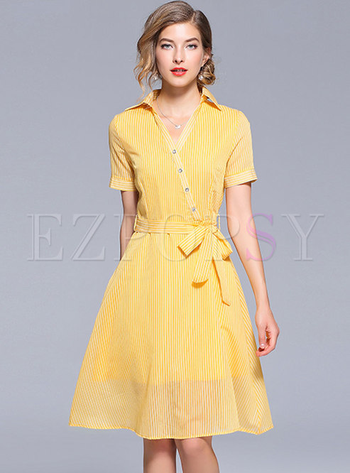 Brief Yellow V-neck Belted A Line Dress