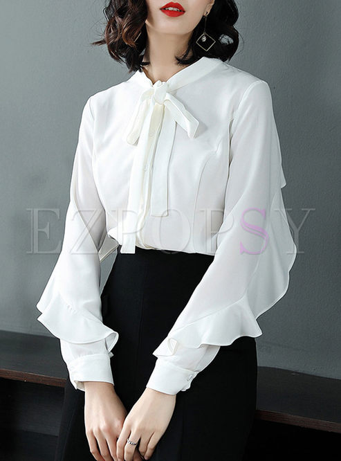 White Tied Long Sleeve Flouncing Blouse