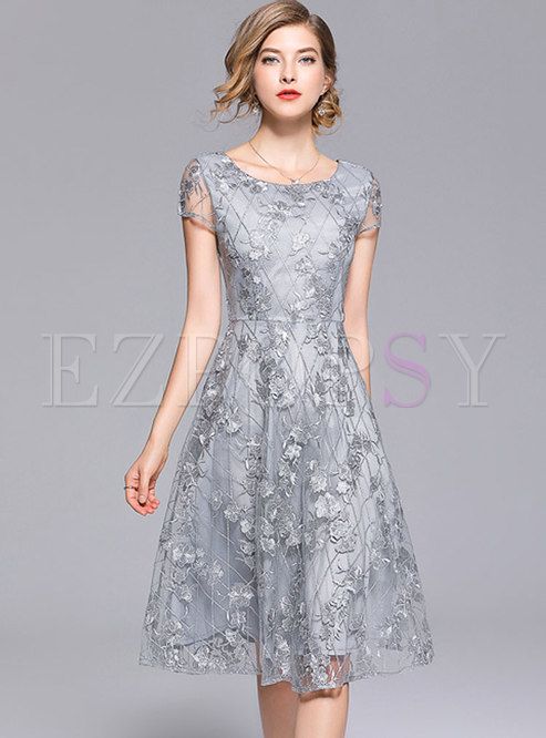 Grey Gauze Embroidery A Line Dress