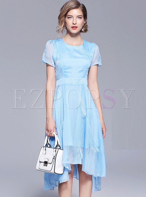 Blue Embroidery Asymmetric Hem Midi Dress