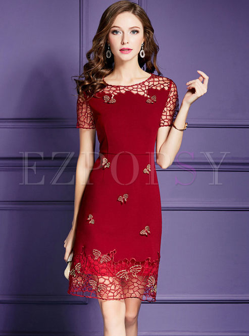 Fashion Mesh Embroidered Butterfly Sheath Dress