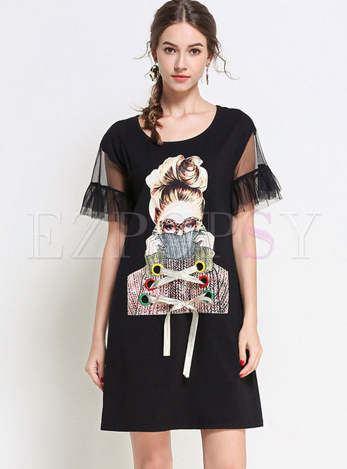 Fashion Lace-up Mesh Stitching T-shirt Dress
