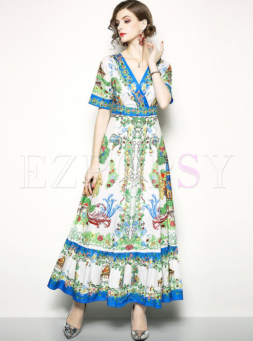 Ethnic Printing V-neck High Waist Maxi Dress