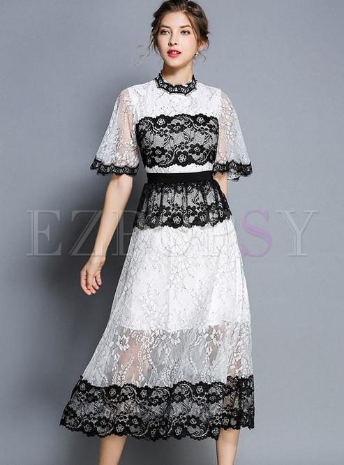 Dresses | Maxi Dresses | Monochrome Splicing Lace Half Sleeve Maxi Dress