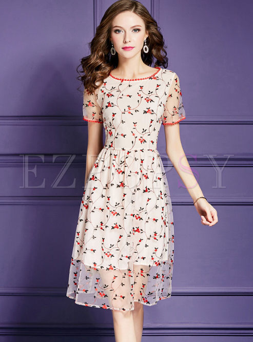 Sweet Floral Embroidery Mesh A Line Dress