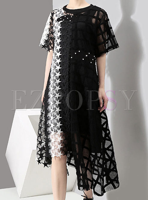 Stylish Star Stitching Asymmetric Plaid Maxi Dress