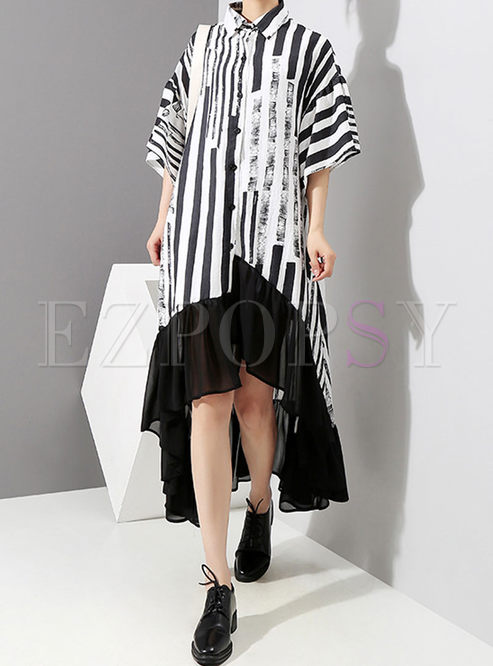 Trendy Striped Asymmetric Chiffon Maxi Dress