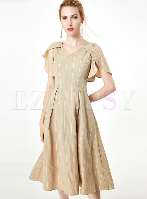 Striped V-neck Slim Cotton And Linen Dress