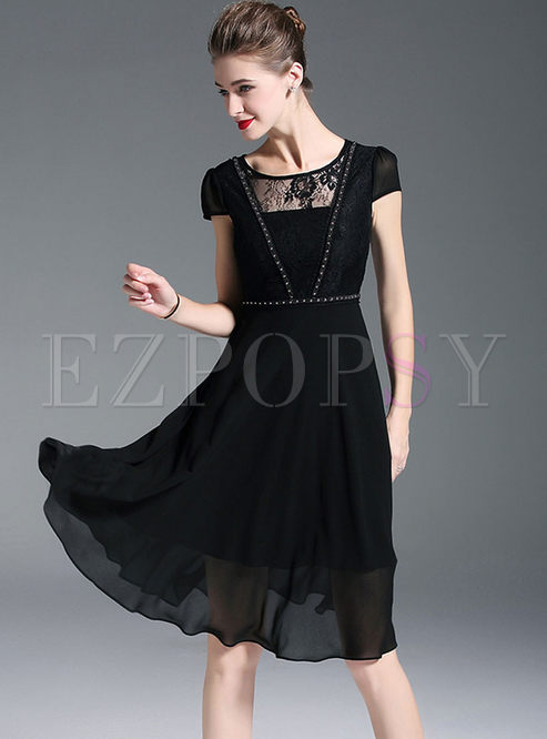 Black Lace Hollow Out Waist A Line Dress