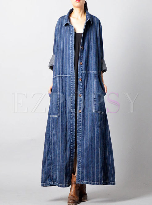 Outwear | Jackets/Coats | Blue Single-breasted Long Denim Coat
