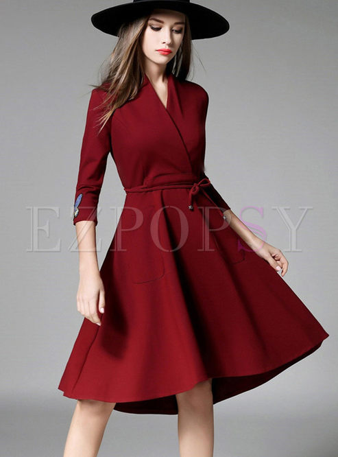 Wine Red Applique V-neck Waist Asymmetric Dress