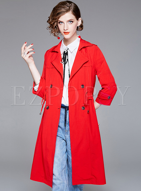 Red Fashionable Turn Down Collar Trench Coat