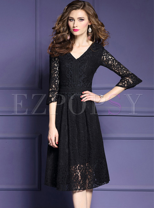 Black Flare Sleeve Lace A-line Dress
