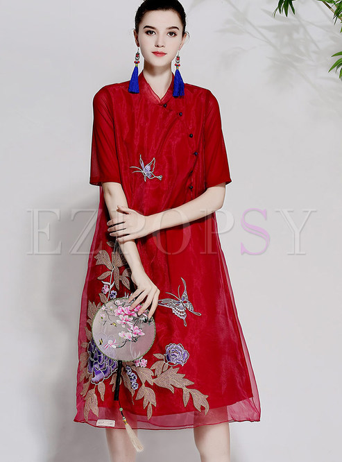 Red Vintage Gauze Embroidery Shift Dress