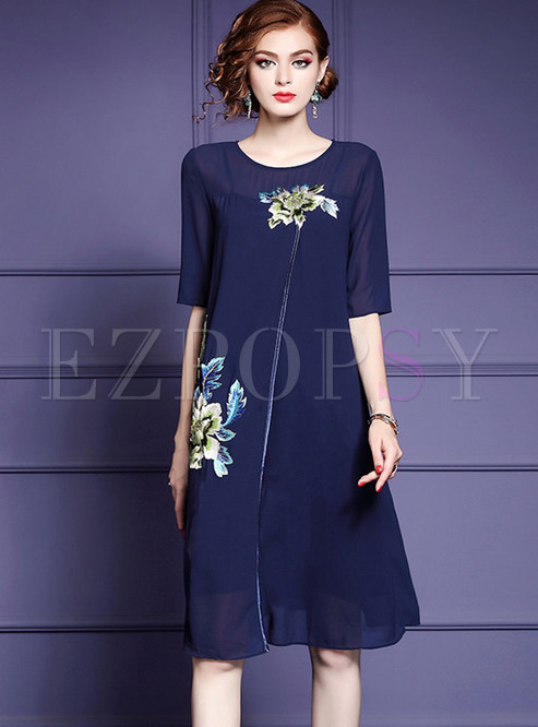 Dresses | Shift Dresses | Navy Brief Embroidered Peony Plus Size Dress