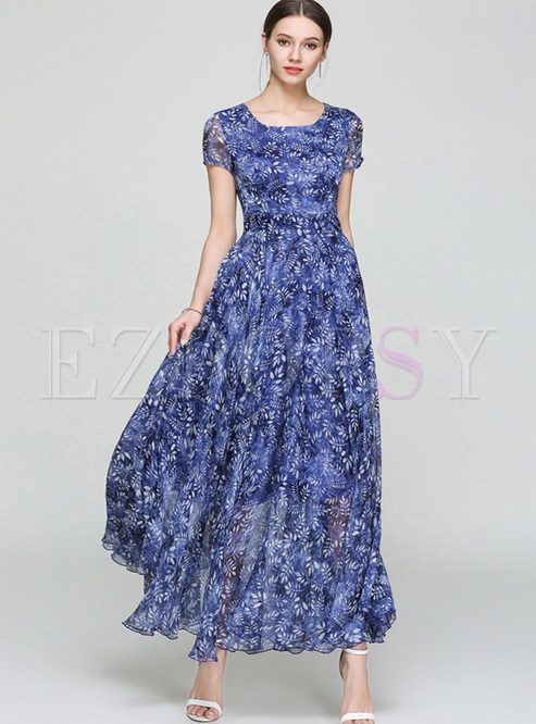 Blue Perspective Floral Print Maxi Dress