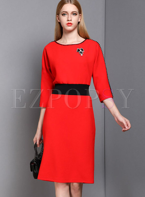 Red O-neck Pullover Waist Sheath Dress