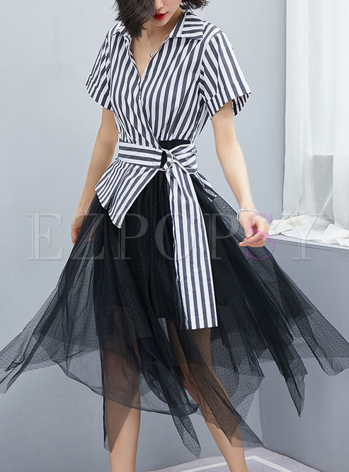 Turn-down Collar Striped Splicing Slim Dress