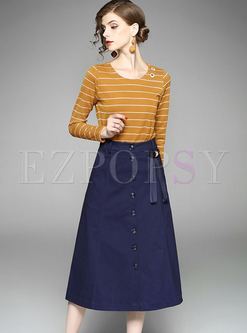 Striped O-neck T-shirt & Single-breasted A-line Skirt
