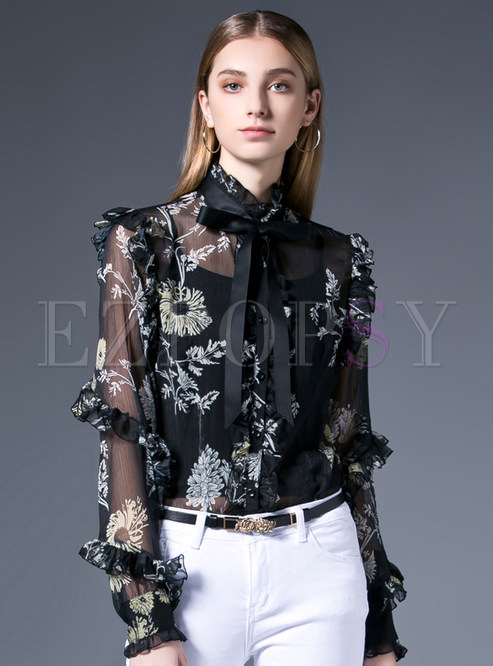 Tops | Blouses | Floral Print Silk Perspective Blouse
