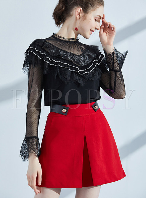 Sweet Black Flounced Stand Collar Lace Top