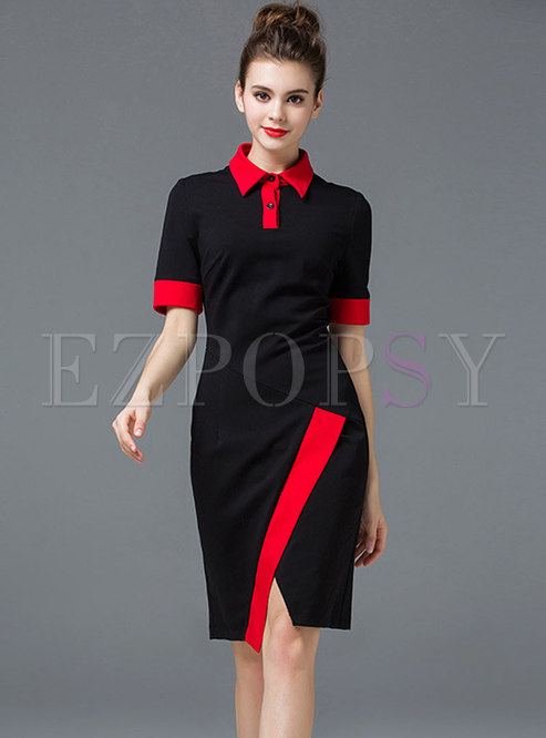 Chic Short Sleeve Contrast-color Slit Dress 