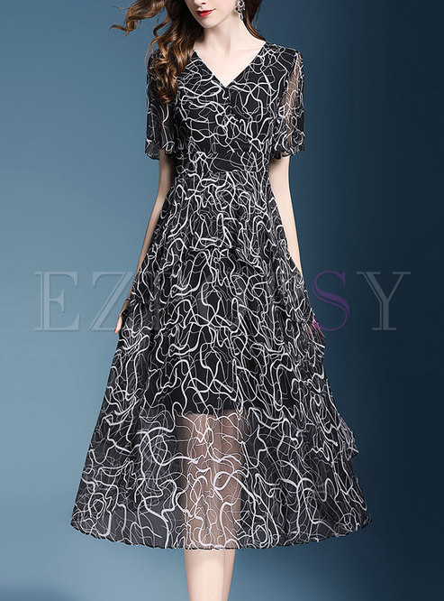 Fashion V-neck Chiffon Print Double-layered Dress