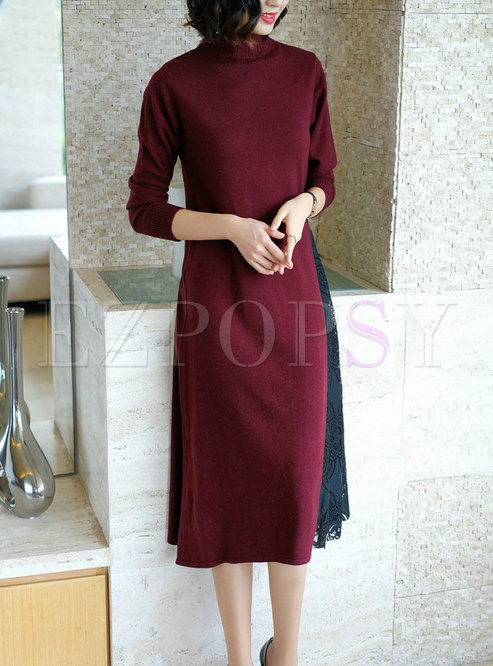 High Neck Contrast-color Lace Knitted Dress