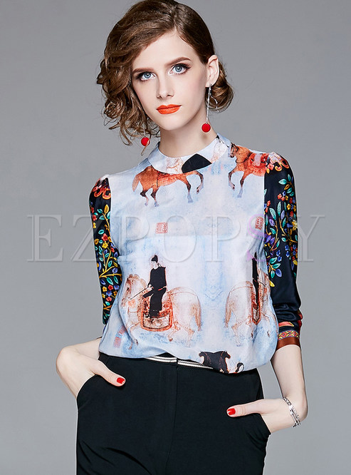 Tops | Blouses | Floral Print Splicing Silk Stand Collar Blouse
