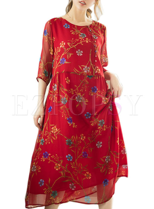 Red Silk Floral Print Shift Dress