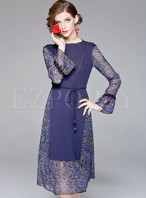 Elegant Splicing Long Sleeve A Line Knitted Dress