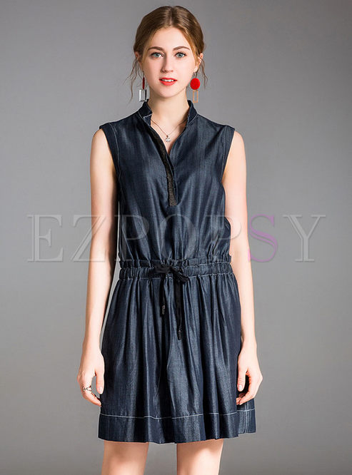 Brief Sleeveless Stand Collar Belted Mini Dress