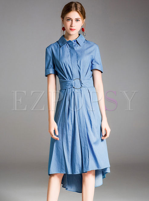 Light Blue Lapel Belted Asymmetric Denim Dress