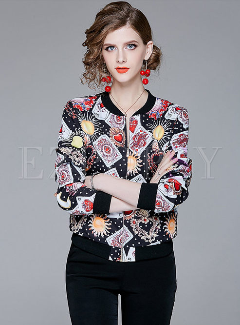 Outwear | Jackets/Coats | Fashion Print Zippered Short Coat