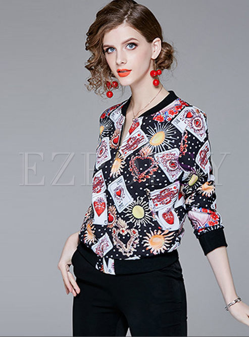 Outwear | Jackets/Coats | Fashion Print Zippered Short Coat