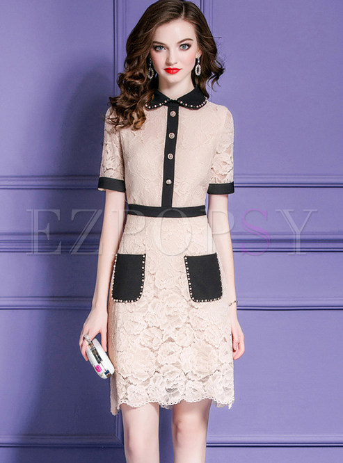 Chic Lapel Beaded Color-blocked Lace Dress