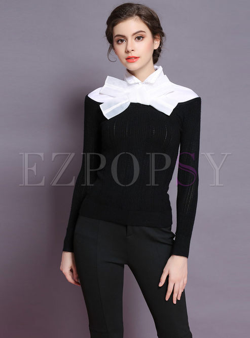 Color-blocked Bowknot Slim Knitted Sweater