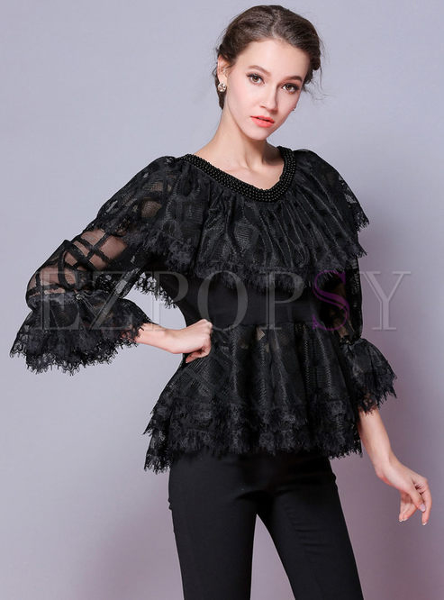 Chic Lace Splicing V-neck Flare Sleeve Blouse