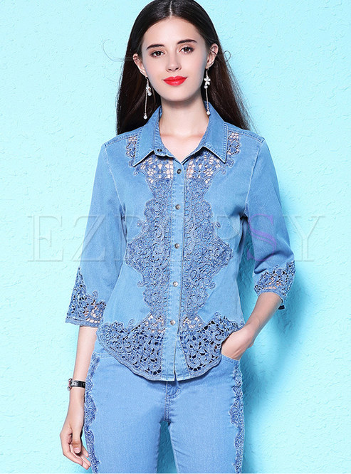 Three Quarters Sleeve Hollow Out Blouse