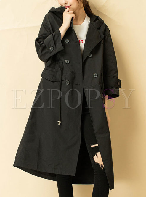 Black Double-breasted Hooded Trench Coat