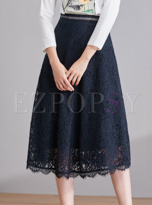 Elegant Pure Color Hollow Out Lace Skirt
