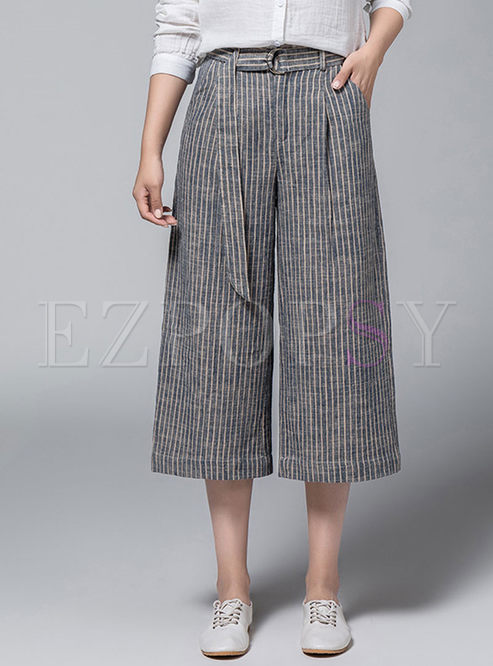 High Waisted Stripe Belted Wide Leg Pants