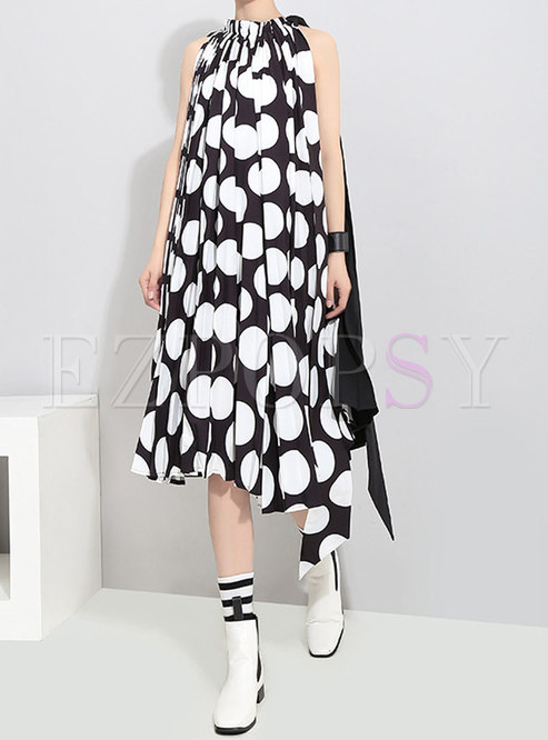 Fashion Sleeveless Dot Pleated Irregular Dress