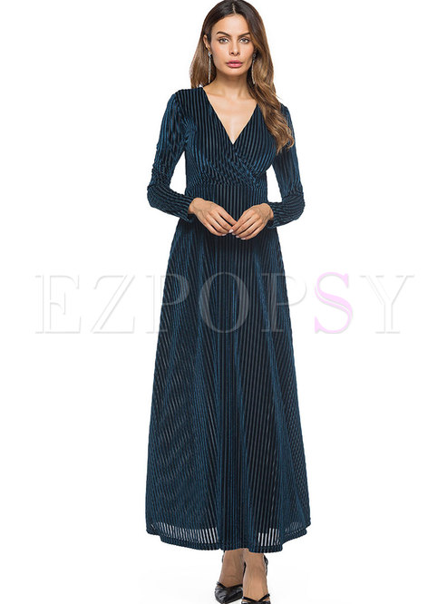 Stylish V-neck Striped Long Sleeve Maxi Dress
