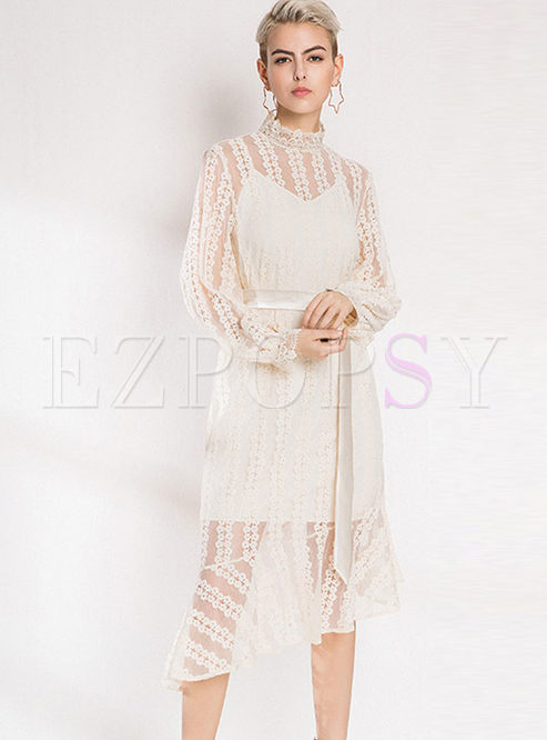  Lace Stand Collar Asymmetric Hem Belted Dress With Caim