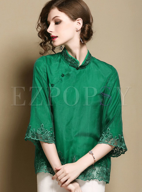 Vintage Green Double-layered Embroidered Blouse