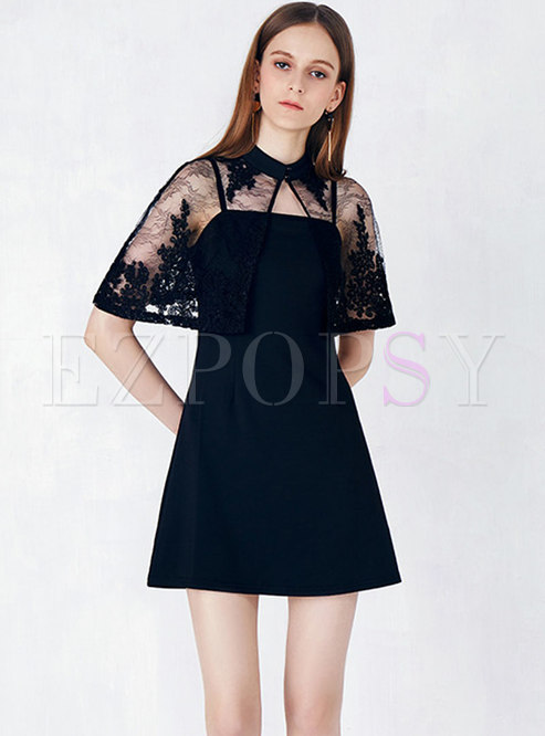 Embroidered Lace-up Dress With See-through Detail