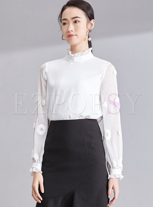 Tops | Blouses | White Stand Collar Perspective Long Sleeve Blouse