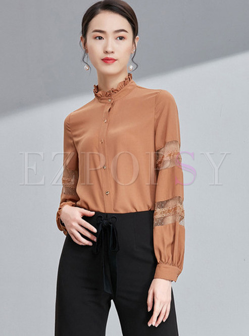 Tops | Blouses | Stand Collar Hollow Out Lace Splicing Blouse